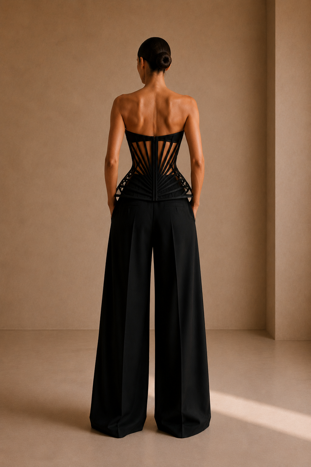 The Corset Wide-Leg Trousers in Black — back view