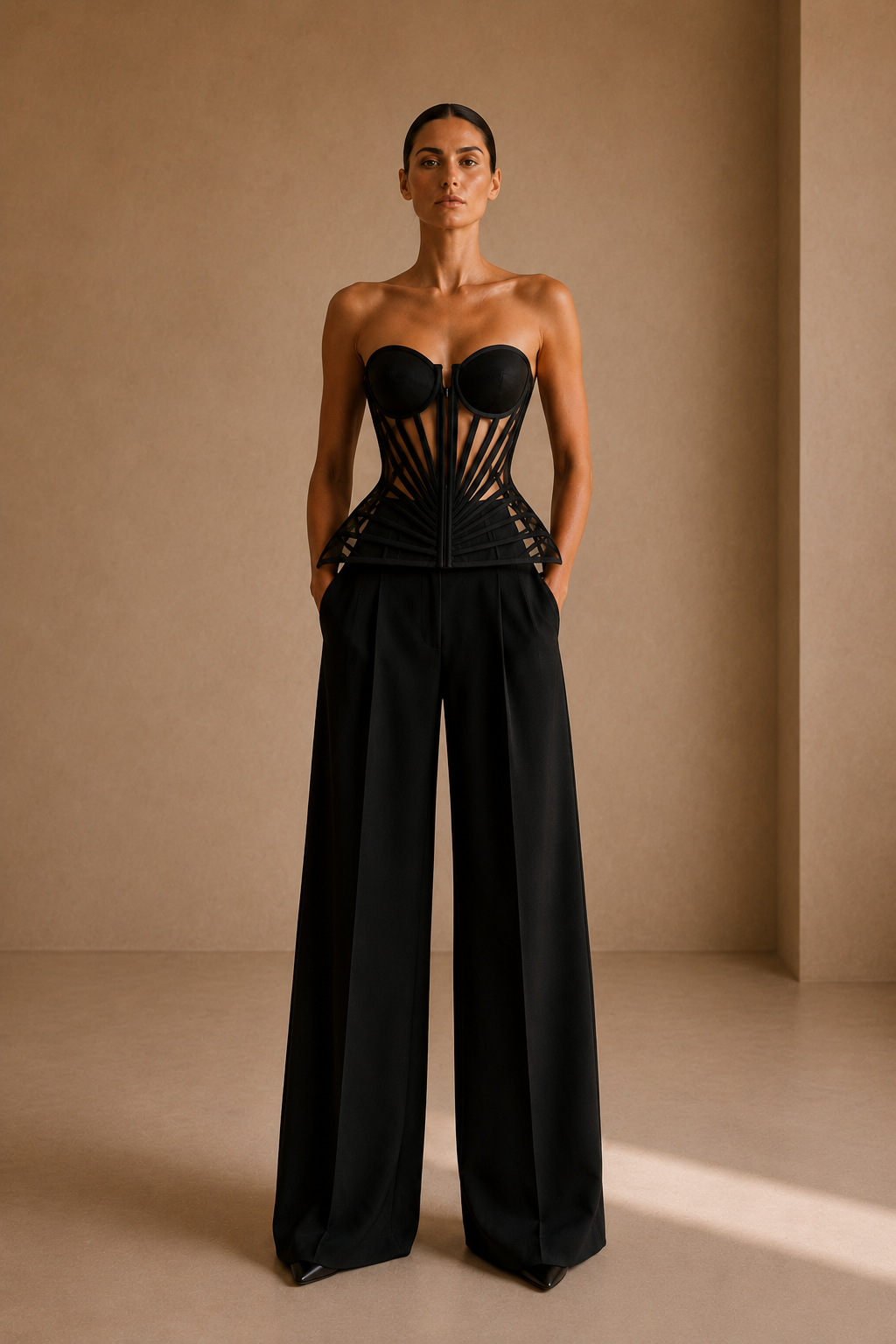 The Corset Wide-Leg Trousers in Black — front view