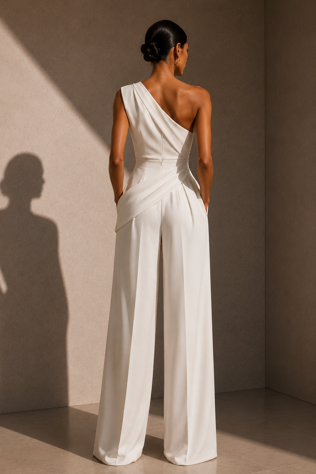 The One-Shoulder Jumpsuit in Ivory — back view