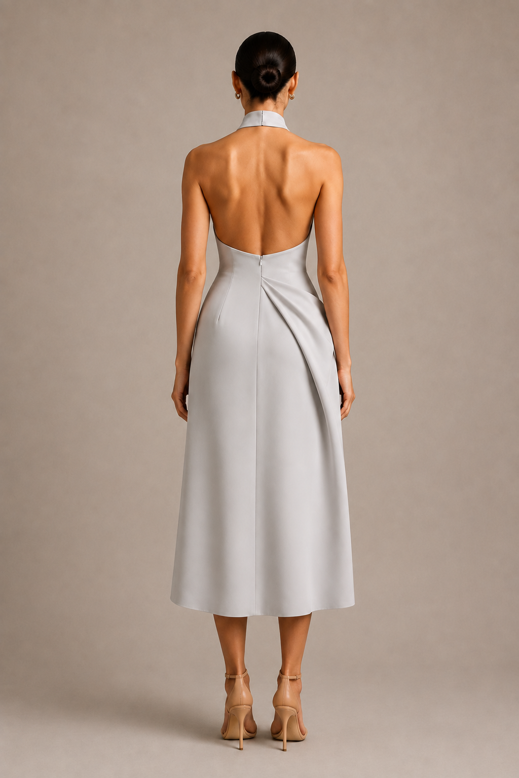 The Halter Midi Dress in Silver Mist — back view