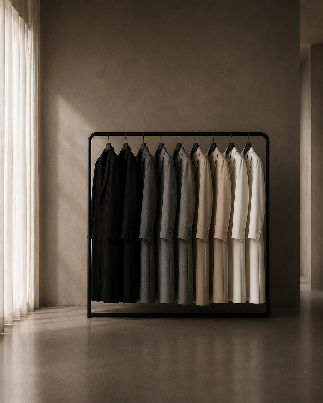 Atelier Michèle long coats presented on a rail
