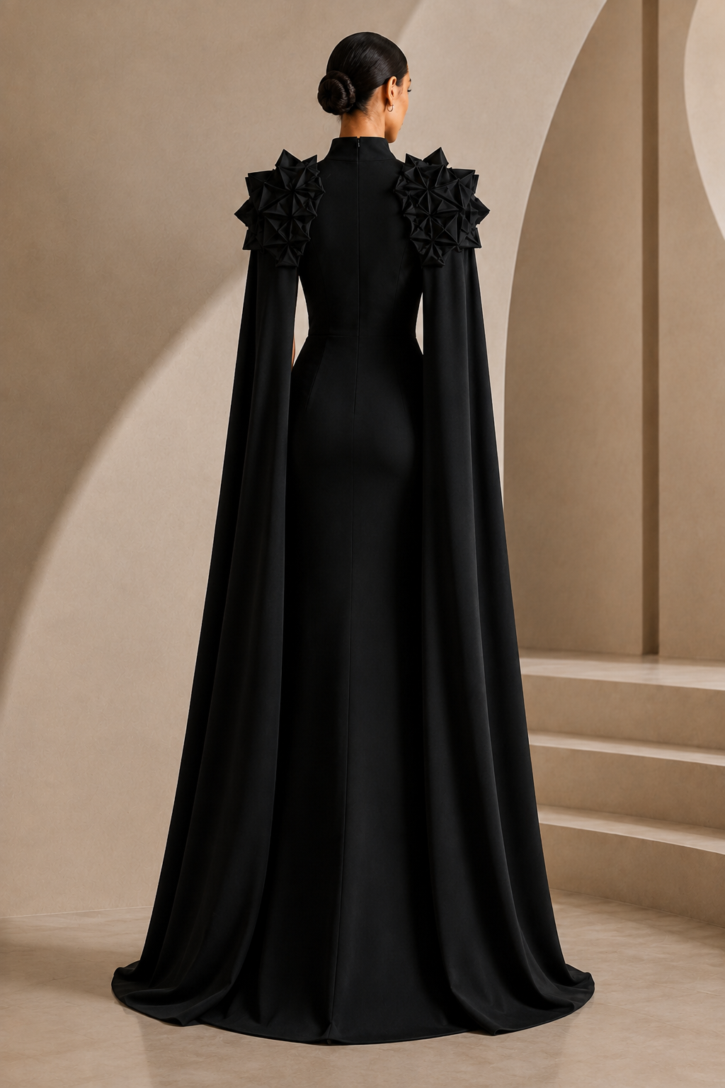 The Sculptural Cape Gown in Black — back view