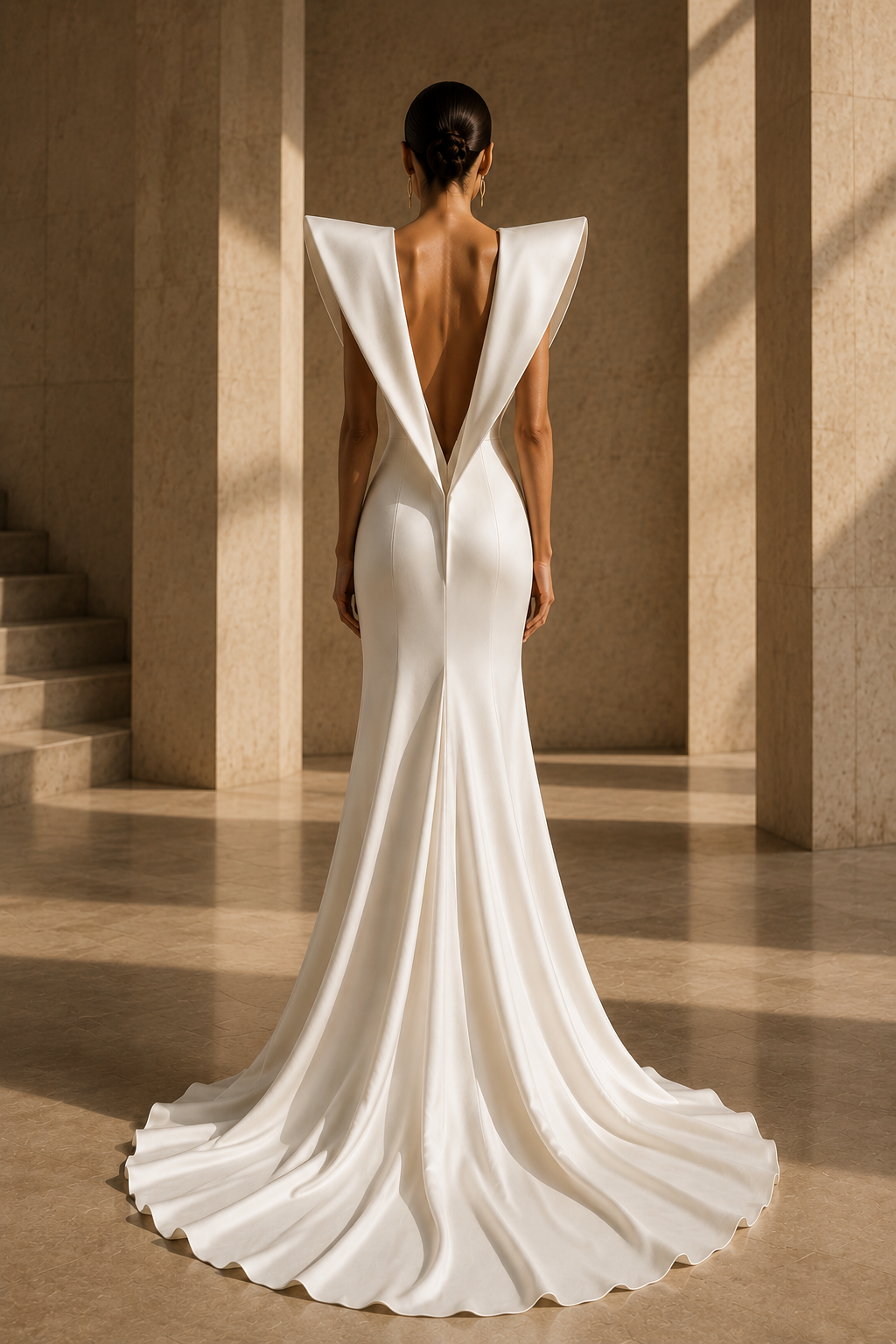 The Sculpted V-Neck Gown in Ivory — back view