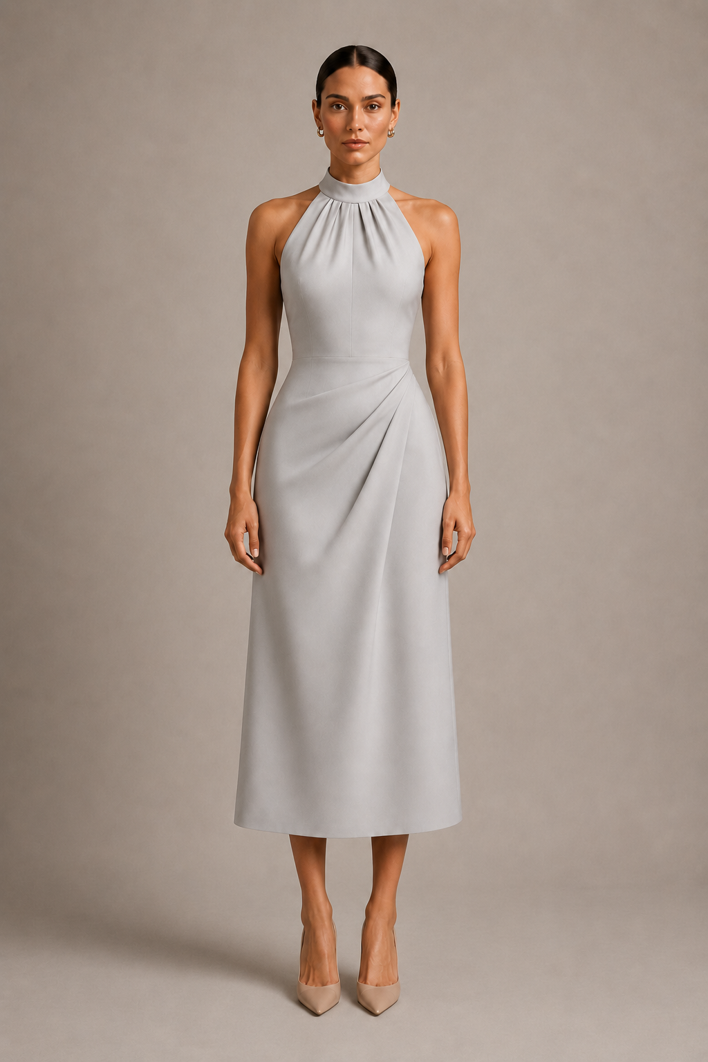 The Halter Midi Dress in Silver Mist — front view