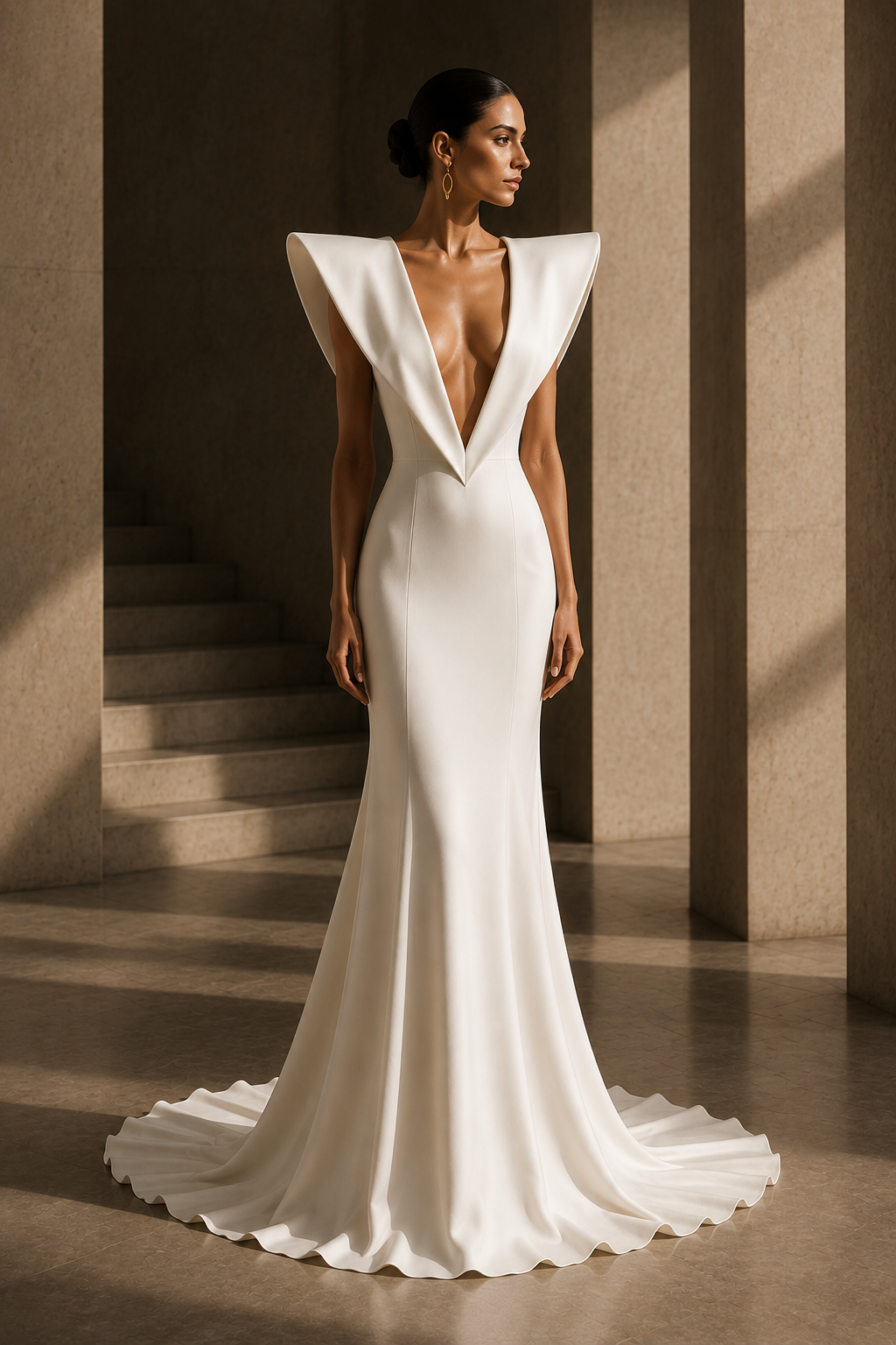 The Sculpted V-Neck Gown in Ivory — front view