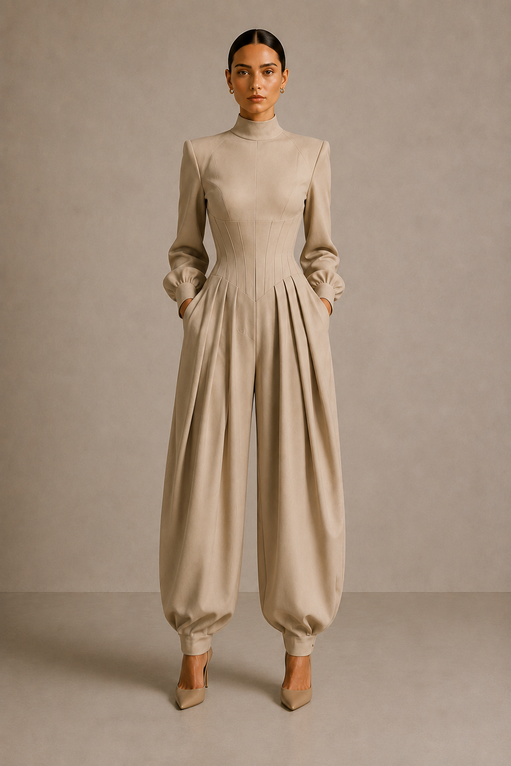The Structured Jumpsuit in Stone Beige — front view