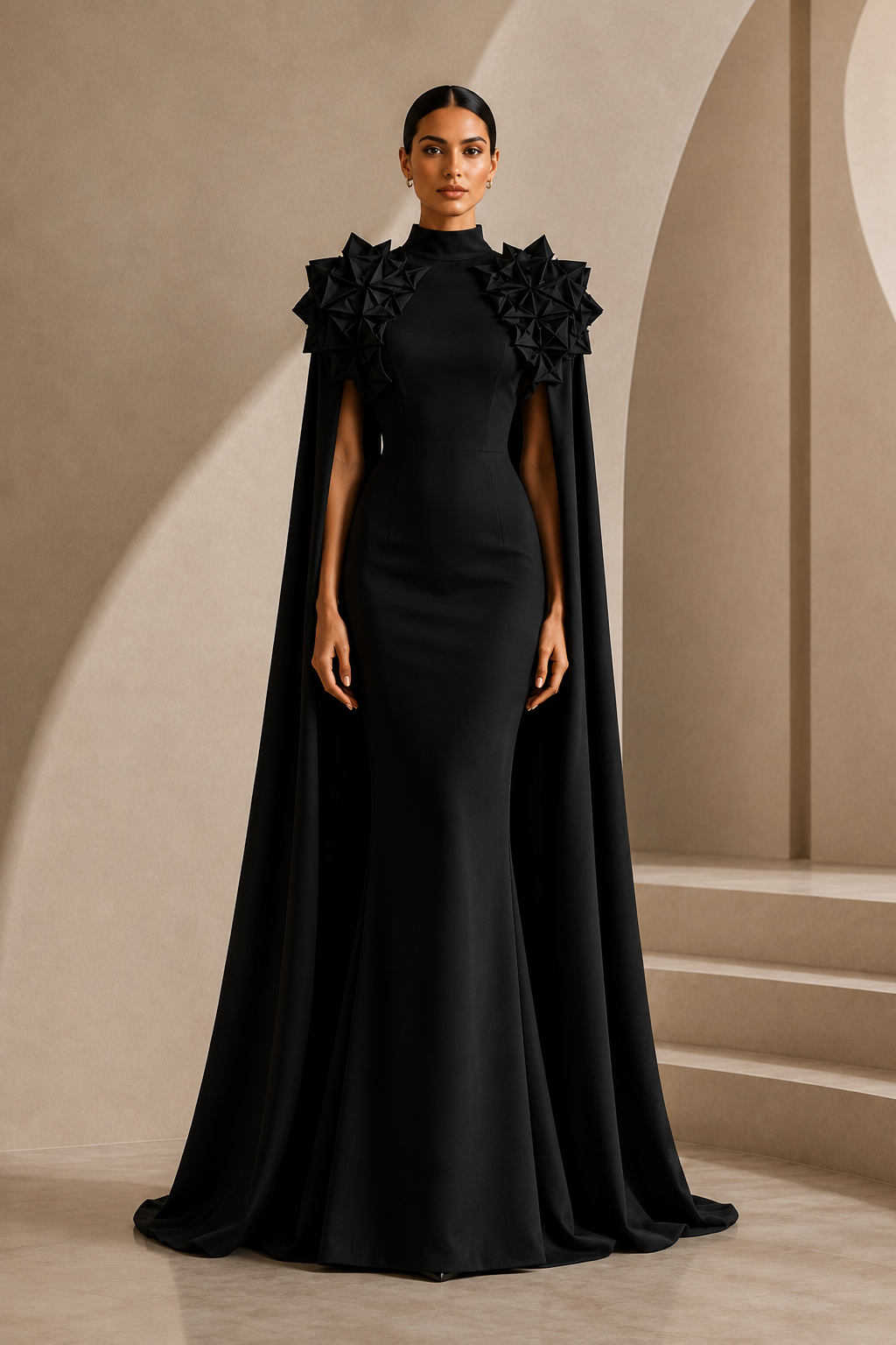 The Sculptural Cape Gown in Black — front view