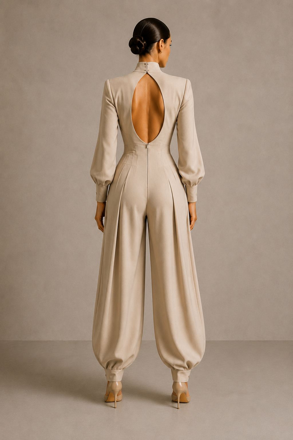 The Structured Jumpsuit in Stone Beige — back view