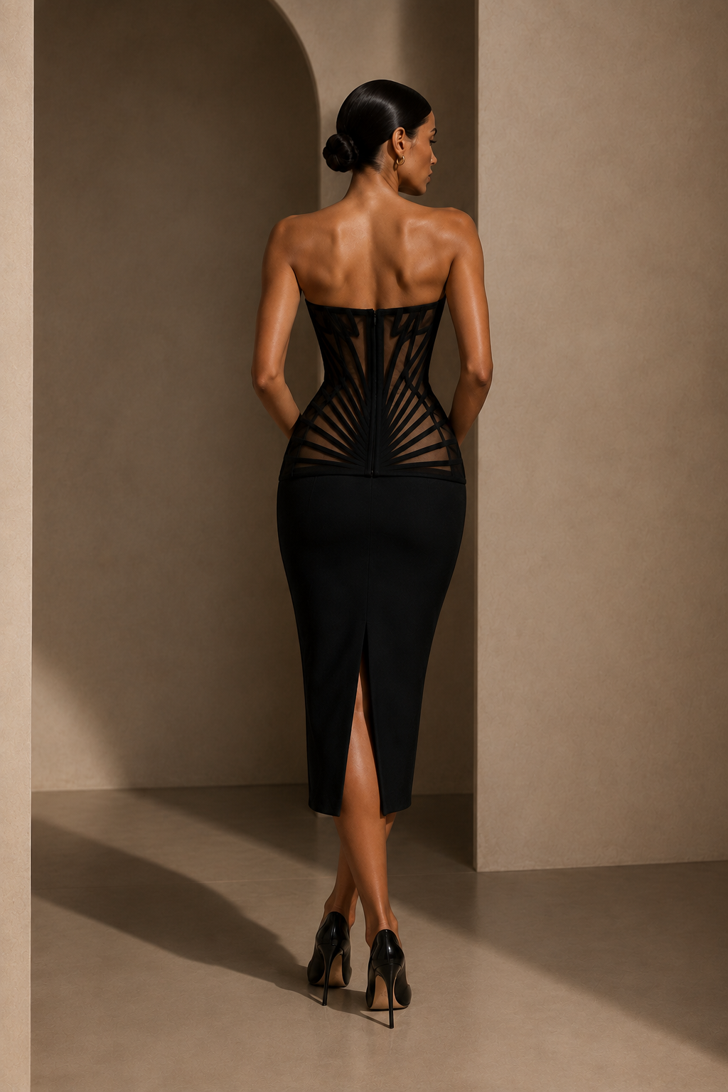 The Corset Midi Dress in Black — back view