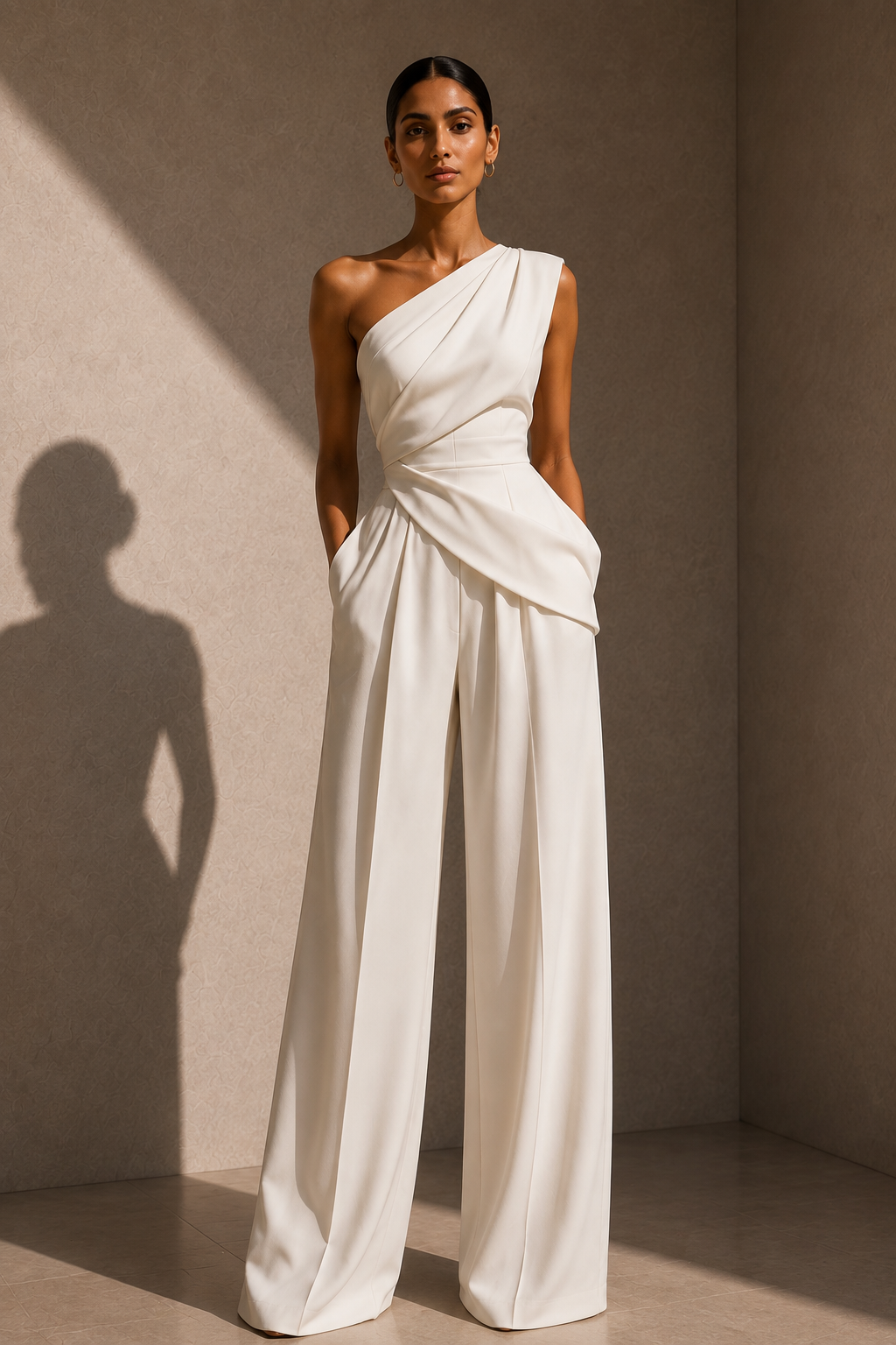 The One-Shoulder Jumpsuit in Ivory — front view