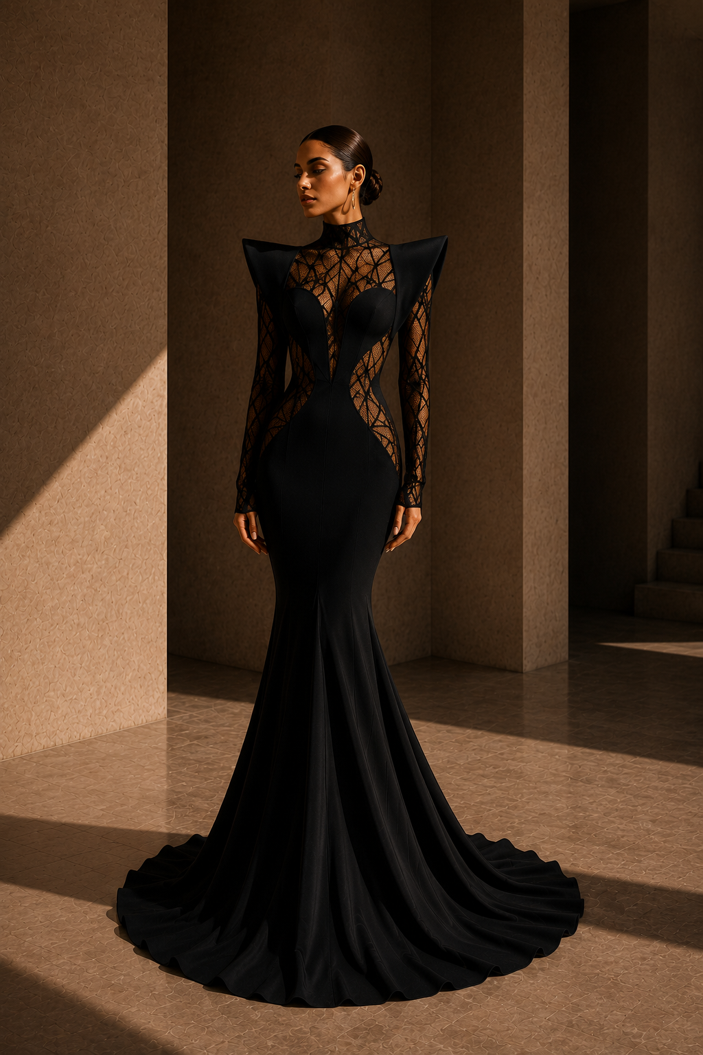 The Sculptural Lace Gown in Black — front view