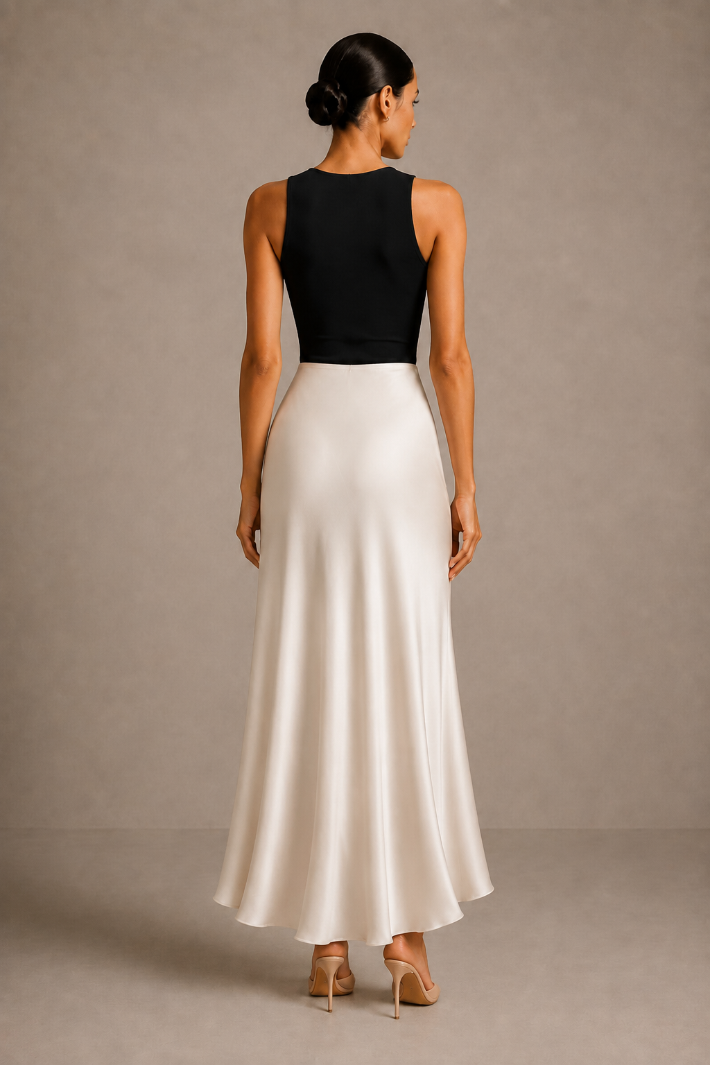 The Bias Midi Skirt in Ivory — back view