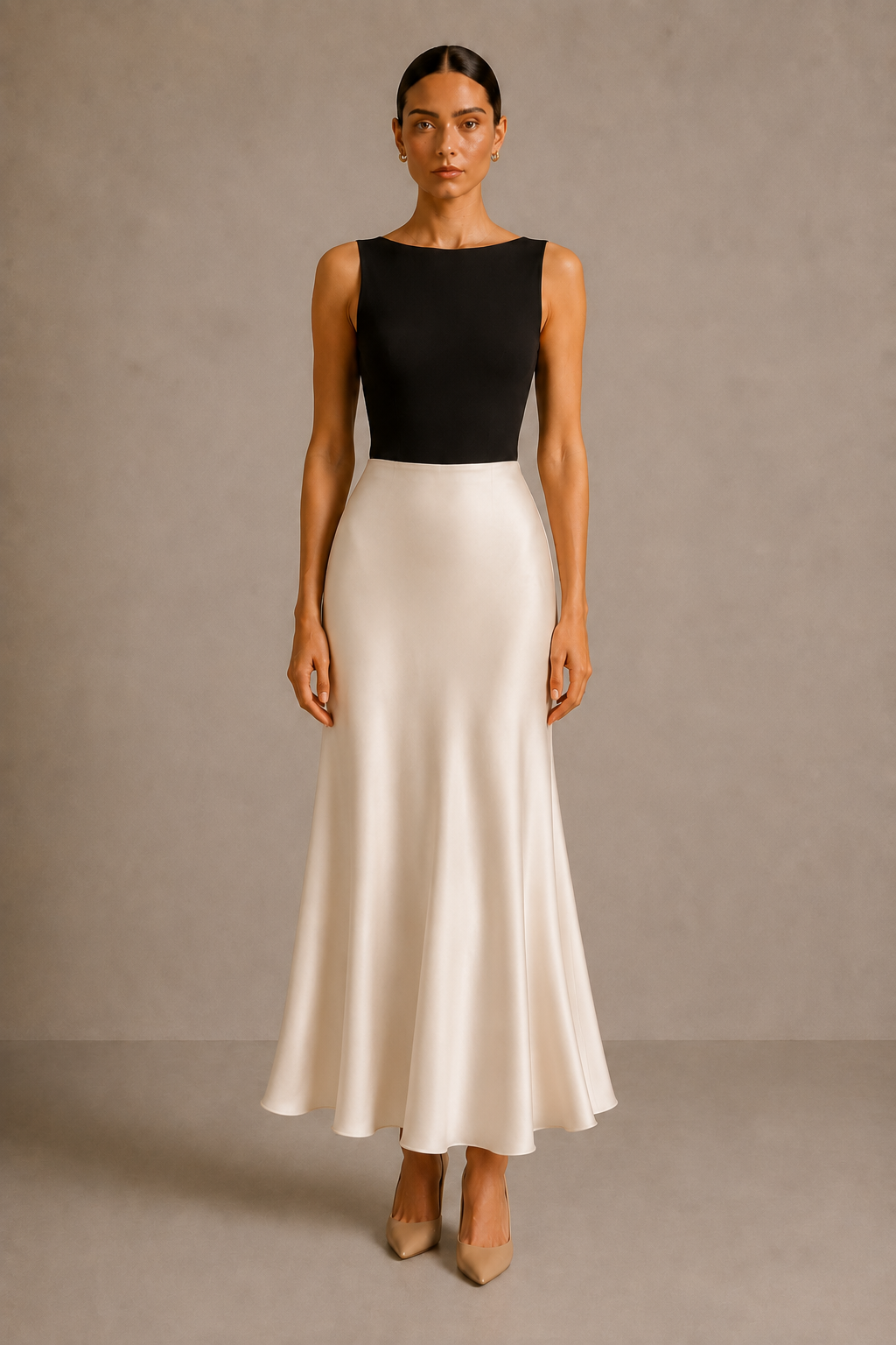 The Bias Midi Skirt in Ivory — front view