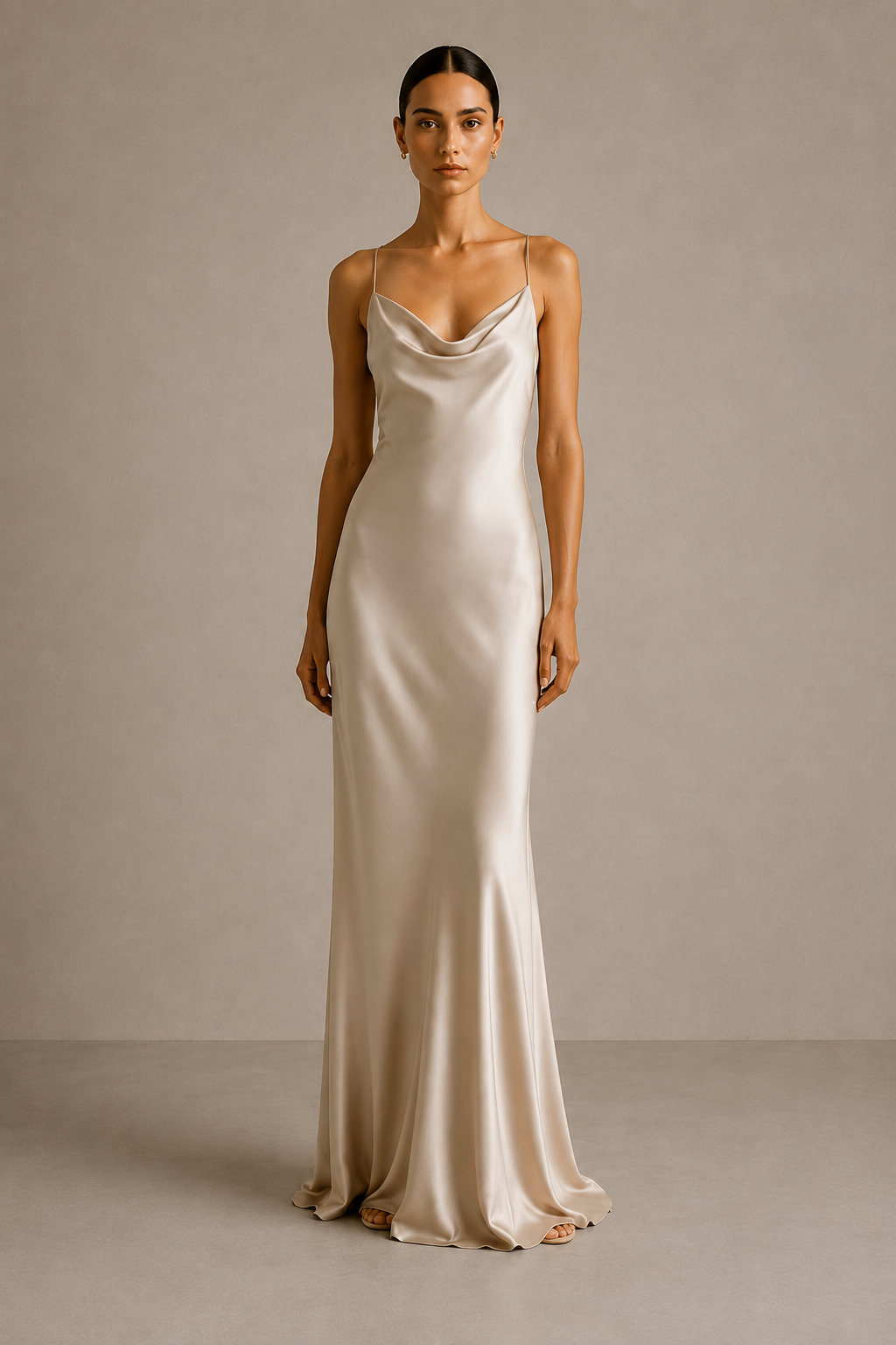 The Bias Slip Dress in Stone Beige — front view